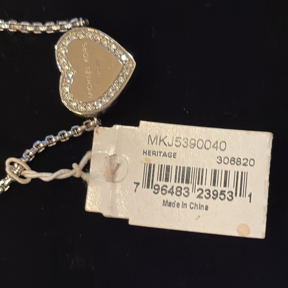 Michael Kors Silver Tone Heritage Pave Clear Rhinestone Logo Heart Bracelet - Picture 9 of 10
